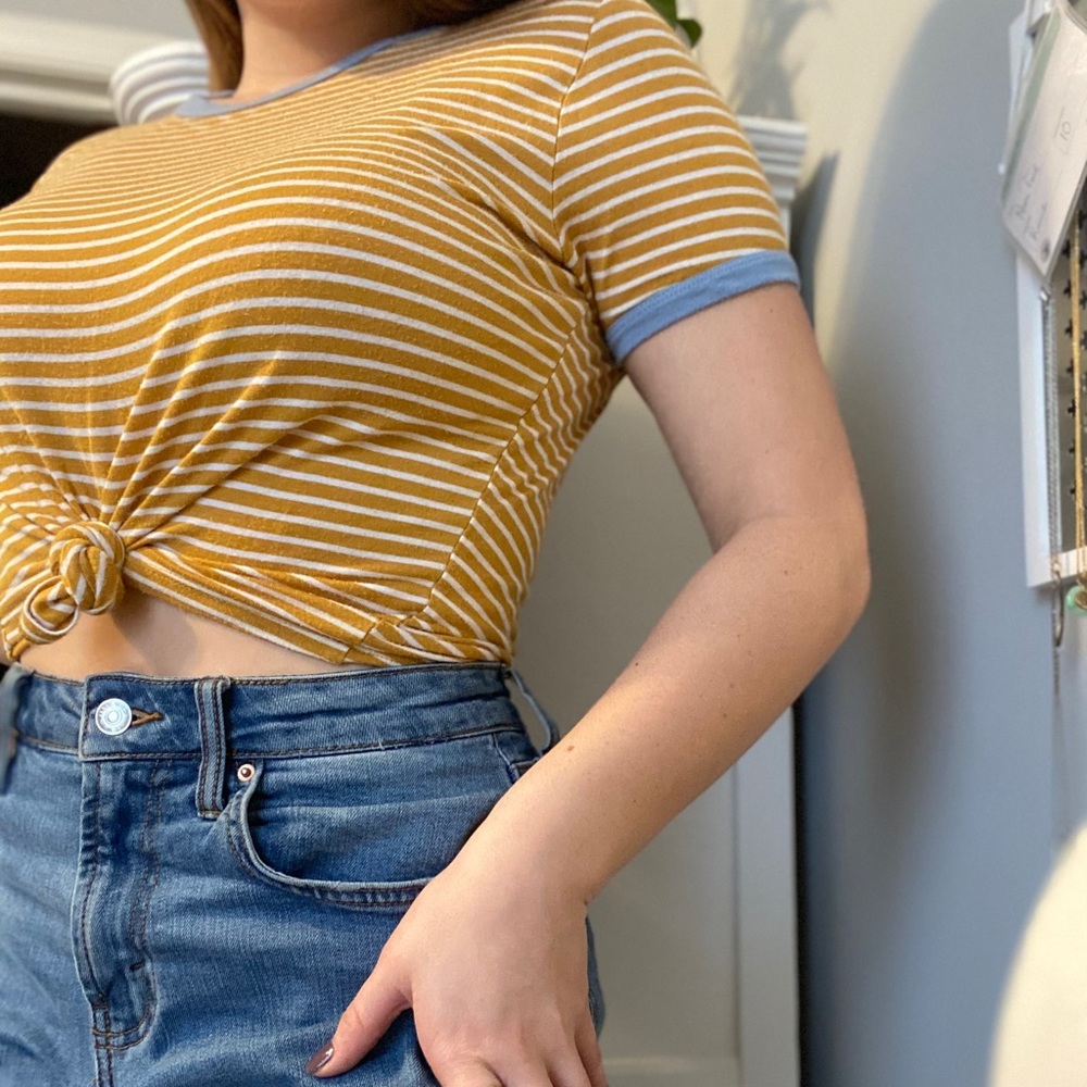 Yellow striped high neck t-shirt